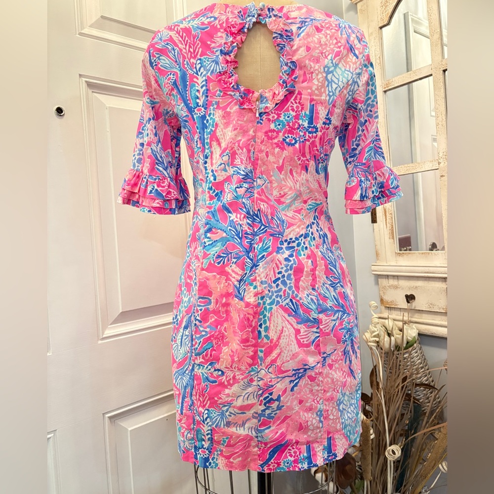 Lilly Pulitzer Pink and Blue Printed Ruffle Sleeve Shift Dress - Picture 4 of 7